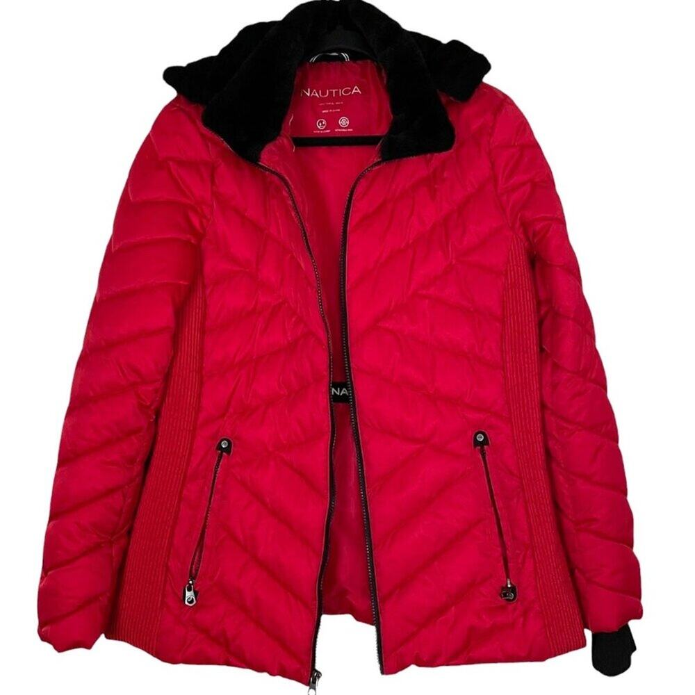 Nautica Women's Size L Puffer Coat Stretch Red Water Resistant Zip Hooded